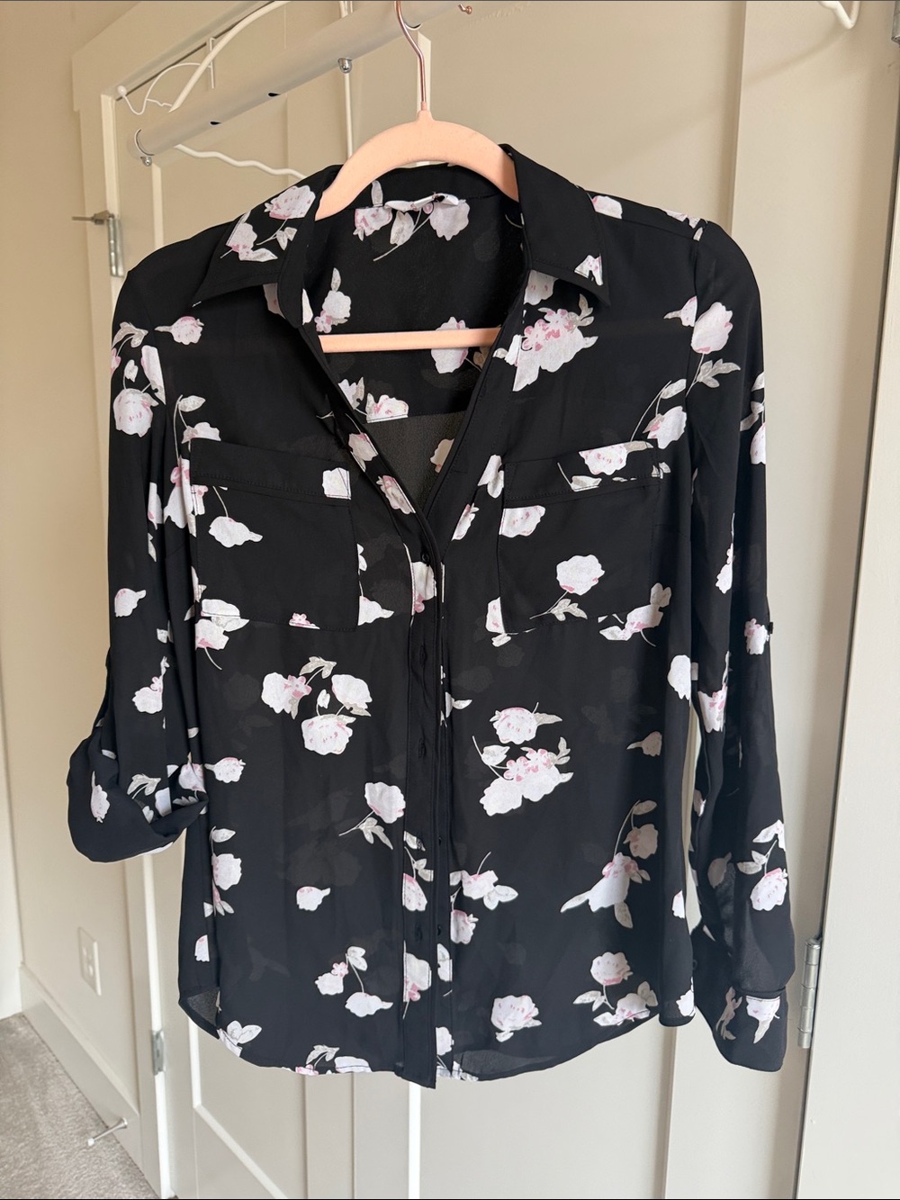 Candie's Black Floral Button-Down Shirt with Pink Accents